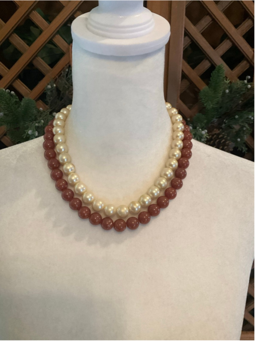 Vintage Richelieu Double Strand Faux Pearl & Goldstone Bead Necklace Signed